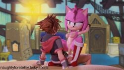 amy_rose bed boots brown_hair clothed crossover disney furry furry_female green_eyes interspecies jacket kingdom_hearts male_human/female_anthro naughty_foreteller pink_fur self_upload sonic_(series) sonic_the_hedgehog_(series) sora sora_(kingdom_hearts) square_enix