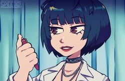 1boy 1girls akira_kurusu animated clothed clothing cum cum_on_thighs cumshot dialogue doctor ejaculation english_text female high_resolution highres joker_(persona) male no_panties no_sound outercourse painted_nails penis persona persona_5 pussy red_nails ren_amamiya shorter_than_30_seconds speedosausage sweatdrop tae_takemi text video