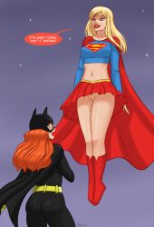 2girls ass barbara_gordon batgirl batman_(series) big_ass blonde_hair blue_eyes blush boots cape dc dc_comics english_text exhibitionism exposed exposed_pussy female flick gay_panic green_eyes hairless_pussy kara_danvers kara_zor-el lipstick long_blonde_hair looking_at_pussy midriff miniskirt multiple_girls no_panties pleated_skirt pussy pussy_awe red_hair red_skirt skirt supergirl superheroine superman_(series) surprised text uncensored upskirt