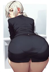 ai_generated breasts chainsaw_man eye_patch looking_at_viewer looking_back looking_down male_pov medium_hair presenting_hindquarters quanxi_(chainsaw_man) skirt sweatdrop white_hair