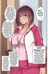 1girls before_sex blue_eyes blush brown_hair coach dialogue doujinshi earrings female female_focus korotsuke large_breasts maroon_hair naomi_(korotsuke) naomi_(the_creepy_glasses_girl) naomi_tokunaga naomi_tokunaga_(korotsuke) original_character page_1 piercing short_hair teacher text textless the_creepy_glasses_girl track_jacket track_pants track_suit