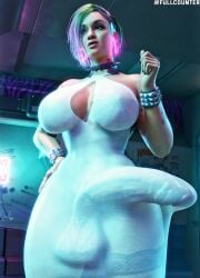 2025 3d 3d_(artwork) boner bulge bulge_through_clothing cyberpunk_2077 dick futa_only futanari jewelry judy_alvarez light-skinned_futanari light_skin penis see-through_clothing tagme tattoos testicles wet_cheetos