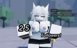 _yuzhi_(nyxwastaken) dialogue follower_celebration fox_ears grey_nipples holding_breasts kemonomimi kitsune nyxwastaken original_character partially_clothed roblox robloxian self-upload sword the_strongest_battlegrounds white-skinned_female white_eyes white_hair