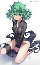 artist_name bangs bent_knees black_dress blush breasts clothing collared_dress curly_hair dress female female green_eyes green_hair hong_(white_spider) loli_face long_sleeves looking_at_viewer one-punch_man pixiv short_hair side_slit sitting small_breasts solo tatsumaki_(one-punch_man) text thighs wariza wet wet_clothes