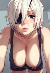 ai_generated blush_lines blushing breasts chainsaw_man cleavage eye_patch looking_at_viewer male_pov medium_hair nipple_slip quanxi_(chainsaw_man) sweatdrop white_hair