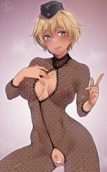 blonde_hair blush brave_witches breasts breasts_apart brown_eyes censored censored_pussy cleavage cleavage_cutout crotchless em_(totsuzen_no_hakike) female fishnet_bodysuit hat heart_censor large_breasts military_hat nipples no_bra no_panties pussy pussy_cutout short_hair simple_background smile solo tongue tongue_out waltrud_krupinski world_witches_series