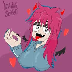 female gesture gym_clothes gym_uniform hand_gesture hint itadaki!_seieki open_mouth prostochel40 red_hair sharp_teeth succubus suggestive_gesture tongue_out vampire