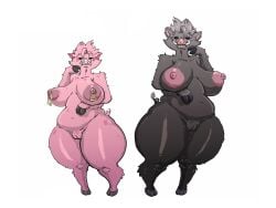 2girls adoptable anthro anthro_only areola areolae big_breasts black_eyes boar boar_girl boar_tail bow_legged breasts brown_fur brown_skin digital_media_(artwork) female female_only gray_hair hi_res highres hooves humanoid kojoarts larger_female mammal mammal_humanoid mature_female mature_woman naked nipple_piercing nipple_rings nipples no_clothes nonsexual_nudity nude oc original_character peaceful pig pig_girl pig_humanoid pig_nose pink_hair pink_skin pussy siblings sisters smaller_female solo species spiky_hair spots stomach tail thick thick_thighs ttherandom tusks voluptuous white_background wide_hips