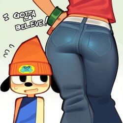 1boy 1girls ai_generated anthro beanie beanie_hat canine canine_humanoid cleavage closed_eyes female female_focus furry lamb lammy_lamb male orange_fur parappa parappa_the_rapper praying presenting red_hair sheep sheep_girl sony sony_corporation sony_interactive_entertainment um_jammer_lammy