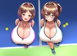 2girls big_breasts blush breast_size_difference cute cute_fang fang glasses happy huge_breasts large_breasts looking_at_viewer looking_up mameneko minami_rina multiple_girls nipples nipples_visible_through_clothing smile