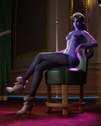 1girls abs amelie_lacroix ankle_boots beret chair crossed_legs glasses looking_at_viewer overwatch overwatch_2 purple_hair purple_skin small_breasts solo stockings sweethime thighs widowmaker winter_chic_widowmaker