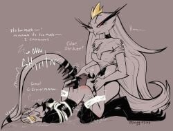 1boy 1girls 2023 2d anal anal_insertion anal_object_insertion anal_sex arms_tied arms_tied_behind_back avian bdsm_gear bird bondage chest_tuft color consensual_non_consent crown demon dialogue english english_text feathers female femdom helluva_boss imp legs_apart legs_tied male male_penetrated overstimulated overstimulation red_skin sex sex_from_behind sex_toy sex_toy_in_ass sex_toy_insertion spiked_tail stella_(helluva_boss) striker_(helluva_boss) tail text tied tied_arms tied_legs tied_mouth tied_up twiggietime vivienne_medrano watermark