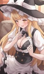 blonde_hair blush bra cleavage female flashing looking_at_viewer marisa_kirisame open_mouth ramie_(ramie541) touhou yellow_eyes