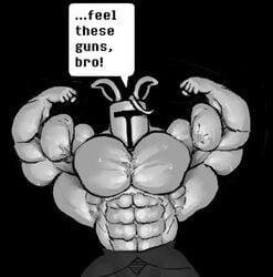 1boy 1male abs armor biceps big_biceps big_muscles big_pecs bodybuilder bunny bunny_ears flexing gay greyscale helmet hyper hyper_muscle hyper_muscles hyper_pecs male male_only monochrome muscle muscles muscular muscular_male muscular_male_only pecs rabbit rabbit_ears rg01 rg01_(undertale) ripped-saurian serratus_anterior six_pack smug solo solo_male speech_bubble taunt topless triceps undertale