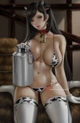 1girls bell bell_collar bikini black_hair breasts collar container cow_ears cow_horns cow_print cow_print_bikini cow_print_swimsuit cowbell earrings fake_animal_ears fake_horns final_fantasy final_fantasy_vii gloves hay hay_bale large_breasts long_hair looking_at_viewer midriff navel red_eyes swimsuit thighhigh_boots tifa_lockhart weisart