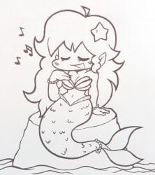 1girls breasts closed_eyes female_focus friday_night_funkin girlfriend_(friday_night_funkin) mermaid mob_face monochrome newgrounds seashell_bra singing sitting_on_rock smile starrock64 tagme