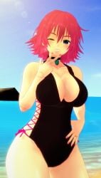 3d beach big_breasts bikini female grin hand_on_hip koikatsu large_breasts long_hair looking_at_viewer n1rv_ann-a one_eye_closed red_hair sam_(n1rv_ann-a) smile solo solo_female solo_focus spiritofrei thighs va-11_hall-a