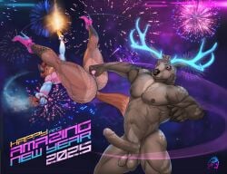 2025 5_fingers ambar_(zorro_re) anthro antlers ass ball_grab balls black_nose brown_body brown_fur brown_hair canid canine clothed clothed/nude clothed_anthro clothed_male clothing cock_and_ball_torture crossdressing deer duo english_text erection fingers fireworks fishnet_clothing fishnet_legwear footwear fox fur genital_torture genitals glowing glowing_antlers gun hair handgun hi_res high_heels holidays horn humanoid_hands legwear male male/male mammal muscular muscular_anthro muscular_male navel new_year new_year_2025 night nipples nude nude_anthro nude_male penis pistol ranged_weapon red_body red_fur shoes signature text weapon zorro_re