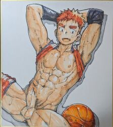 1boy abs anus anus_peek arm_sleeves armpit_hair armpits arms_behind_head arms_up ass_visible_through_thighs balls bara basketball basketball_uniform biceps big_areola big_balls big_penis black_eyes blush_lines bottomless clothes_lift collarbone elbow_sleeve erection gay hand_drawn hi_res huge_cock leeksaltboy looking_down lying lying_on_back male male_only manly mature_male muscles muscular muscular_arms muscular_legs muscular_male muscular_thighs navel open_mouth orange_hair original original_character pants_around_one_leg pants_down pecs practically_nude precum precum_drip precum_string pubic_hair sanpaku seductive shadow shirt_pulled_behind_neck short_hair six_pack small_pupils solo spiky_hair spread_legs suggestive sweat sweatdrop sweating sweaty teeth_showing thick_eyebrows thick_penis uncensored veiny_penis very_sweaty wet wet_body white_background yaoi young