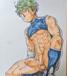 1boy abs ass_visible_through_thighs balls bandage bandaged_arm baseball_uniform big_areola big_penis blush_lines bottomless clothes_lift collarbone erection frown gay green_eyes green_hair hand_drawn hi_res holding_penis huge_cock kneeling kneeling_on_ground leeksaltboy long_penis looking_at_viewer male male_only muscles muscular muscular_arms muscular_legs muscular_male muscular_thighs navel original original_character pecs scar scar_on_arm scar_on_face scar_on_leg scar_on_shoulder scar_on_stomach scars_all_over shadow short_hair six_pack sleeveless smile socks solo stirrup_legwear sweat sweatdrop sweating sweaty thick_eyebrows thick_penis tight_clothing uncensored v-shaped_eyebrows veiny_penis white_background yaoi young