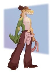 alligator alligatorid anthro balls belt boots breasts candy clothing cowboy_boots cowboy_hat crocodilian dessert erection featureless_breasts food food_creature footwear genitals glitch_productions gummigoo_(tadc) gummy_(food) gummy_creature hat headgear headwear living_candy male no_irises reptile rope saggy_balls scalie sevokin shoes solo the_amazing_digital_circus