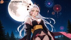 1girls aerial_fireworks ai_generated artist_name artist_signature bare_shoulders black_kimono black_panties bow bow_panties bra breasts cleavage constellation daki_(kimetsu_no_yaiba) demon_slayer earrings earth_(planet) facial_mark female fireflies fireworks galaxy japanese_clothes jewelry kimetsu_no_yaiba kimono kimono_lift kurutai long_hair looking_at_viewer milky_way moonlight outdoors panties patreon red_kimono red_moon sash smile solo star_(sky) uncensored underwear yukata