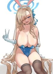 1girls asuna_(blue_archive) big_breasts blue_archive breasts bunny_girl bunnysuit hair_over_one_eye peace_sign spicycurryart thick_thighs thighhighs thighs