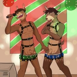 1:1 anthro balls bell bell_harness blush brown_body brown_fur brown_hair christmas clothed clothing deer duo electronics erection fur fuze genitals hair harness hi_res holidays jingle_bell jingle_bell_harness male mammal microphone open_mouth partially_clothed penis singing standing underwear underwear_down