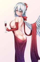 ass dress female female_only leo23 looking_at_viewer one_wing red_eyes sagume_kishin sideboob silver_hair touhou wine wine_glass wings