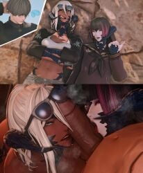 au_ra big_penis big_penis_adoration cock_on_face cock_worship dick_on_face ff_xochiq final_fantasy_xiv gangbang gpose(ffxiv) instant_loss_2koma jacket larger_female licking_penis oc original_character original_characters penis penis_on_face shorter_male smaller_male smoking smoking_cigarette sunglasses taller_female