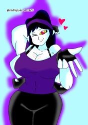 big_breasts black_bra black_hair blue_skin curvy_female cute_face purple_shirt red_eyes thick_thighs