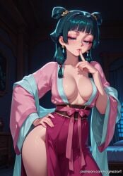 2025 ai_generated anime bangs blue_eyes blunt_bangs blush breasts chinese_clothes cleavage collarbone commando crossover double_bun earrings eye_contact female female_focus female_only finger_to_mouth flushed green_hair hair_accessory hair_bun hair_ornament half-closed_eyes hand_on_hip hanfu highres huge_breasts index_finger_raised indoors inside jewelry kusuriya_no_hitorigoto large_breasts lips long_sleeves looking_at_viewer maomao_(kusuriya_no_hitorigoto) medium_breasts night no_bra no_panties parted_lips patreon patreon_username pelvic_curtain pink_nails rognezart sash shiny shiny_skin solo standing thick_thighs thighs wide_sleeves
