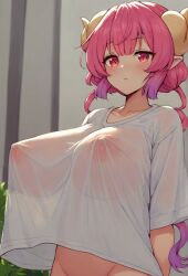 ai_generated big_breasts big_nipples blush busty giant_breasts horns huge_breasts ilulu_(dragon_maid) large_breasts miss_kobayashi's_dragon_maid nipples_visible_through_clothing p0rtal_w0mbat pantsless pink_eyes pink_hair see-through see-through_clothing see-through_shirt shirt t-shirt useless_clothing white_shirt white_t-shirt