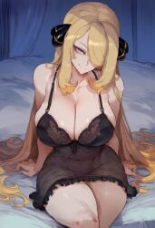 1girls ai_generated aksn bare_arms bare_legs bare_shoulders bare_thighs big_breasts blonde_hair blush bra clothed clothing color cynthia_(pokemon) female female_focus female_only game_freak hi_res large_breasts lingerie long_hair looking_at_viewer nintendo panties pokemon pokemon_champion pokemon_dppt pokemon_trainer solo solo_female tagme thick_thighs underwear