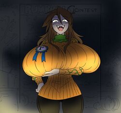 big_breasts cute cute_fang fangs halloween huge_breasts hyper_breasts lass_(matsu-sensei) matsu-sensei open_mouth smug spooky_lighting sweater thick thick_thighs thighs