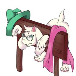 anthro ass bondage clothes colored deltarune exposed fur furry gay horns imminent_rape no no_humans pillory ralsei removed short stockings stuck tail white_fur wood worried