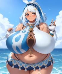 1female 1females 1girls bbw beach belly belly_button big_belly big_breasts breasts exposed_belly exposed_belly_button exposed_fat_belly fat fat_female fat_girl fat_woman female female_focus female_only genshin_impact hoyoverse looking_at_viewer mihoyo mihoyo_technology_(shanghai)_co._ltd. mualani_(genshin_impact) natlan_girls obese obese_female solo solo_female solo_focus standing text thick_thighs thighs weight_gain white_hair white_hair_female wide_hips