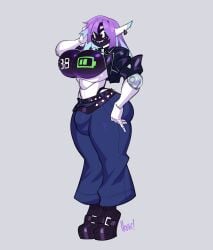 1girls battery_indicator belt big_breasts blue_pants boots bulge bulge_through_clothing earings female implied_futanari leather_jacket nedoiko purple_hair robot robot_ears robot_girl robot_joints screen_face spiked_belt touchscreen two_tone_hair white_body