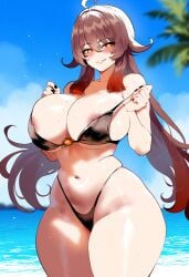 ai_generated ass ass_focus beach big_ass big_breasts big_butt big_thighs bikini bikini_pull dijiai fat_ass focus from_front_position front_view genshin_impact hourglass_figure hu_tao_(genshin_impact) looking_at_viewer nipple_slip nipples nsfw ocean round_ass round_butt thick thick_ass thick_butt thick_legs thick_thighs thighs wide_hips