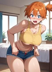 ai_generated asymmetrical_hair bangs bare_arms bare_shoulders bed blue_eyes blue_shorts blush breasts clavicle cleavage clothing crop_top curtains curvaceous cutoffs denim denim_shorts female female female_only gen_1_pokemon gym_leader hair_between_eyes huge_breasts indoors kasumi_(pokemon) kasumi_(pokemon) large_breasts legs looking_at_viewer midriff navel on_bed open_fly open_mouth orange_hair pantsu pokemon pokemon_character pokemon_species ponytail red_panties red_underwear shiny_skin shirt short_hair short_shorts shorts side_ponytail sleeveless sleeveless_shirt smile solo standing stomach suspenders sweat tank_top thick_thighs thighs tied_hair underboob underwear unzipped wide_hips window yellow_shirt