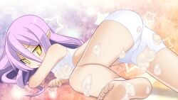 ahoge bath cg chou-chou chou-chou_(terse) compile_heart covered_in_soap foam game_cg god goddess kuudere light_skin long_hair mugen_souls pointy_ears purple_hair soap yellow_eyes youjo