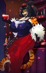 absurdly_large_cock black_hair black_lips cameltail collar elegant_dress evening_gloves futanari green_eyes huge_breasts huge_cock leaking_precum leaking_through_clothing striped_fur striped_tail wine_glass zhali