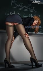 1girls 2024 2d 2d_(artwork) alternate_version_available brown_hair classroom clothed clothing digital_drawing_(artwork) digital_media_(artwork) female female_focus female_only freckles freckles_on_face french french_female joakadraws legwear light-skinned_female light_skin looking_at_viewer ms._bissette_(summertime_saga) no_panties no_panties_under_skirt no_underwear pinup pose posing pussy_lips pussy_peek seductive seductive_look seductive_pose showing_off showing_pussy skirt smile smiling smirk smirking solo solo_focus stockings summertime_saga teacher tease teasing text vagina watermark