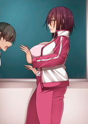 1boy 1boy1girl 1girls beauty_mark before_sex big_breasts blue_eyes blush breasts brown_hair cleavage coach doujinshi earrings female female_focus korotsuke large_breasts maroon_hair mature_female mole mole_under_eye naomi_tokunaga piercing short_hair surprised teacher textless the_creepy_glasses_girl track_jacket track_pants track_suit whistle whistle_around_neck