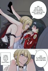 2girls astra_yao black_hair blonde_hair blush bodyguard comic english_text evelyn_chevalier female female_only girl_on_top hi_res high_heels speech_bubble spread_legs yuri zenless_zone_zero