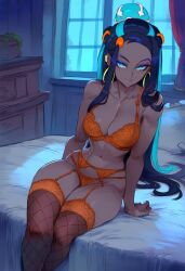 1girls ai_generated aksn bare_arms bare_legs bare_shoulders bare_thighs big_breasts black_hair blue_eyes blush bra clothed clothing color dark-skinned_female dark_skin female female_focus female_only game_freak gym_leader hi_res large_breasts lingerie long_hair looking_at_viewer nessa_(pokemon) nintendo panties pokemon pokemon_trainer solo solo_female tagme thick_thighs underwear