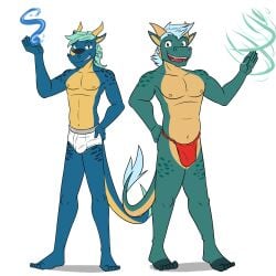 1:1 2024 2_horns 5_fingers 5_toes anthro asian_clothing biped blue_body blue_hair blue_skin blue_tail briefs brown_eyes bulge clothed clothing detailed_bulge digital_drawing_(artwork) digital_media_(artwork) dragon duo east_asian_clothing facial_horn feet fingers front_view fundoshi fundoshi_only fuze green_body green_hair green_skin green_tail grey_eyes grin hair hand_behind_back hi_res horn japanese_clothing magic magic_user male multicolored_body multicolored_skin mythological_creature mythological_scalie mythology navel nipples nose_horn open_mouth plantigrade red_clothing red_fundoshi red_underwear scalie shadow simple_background smile standing tail tan_body tan_nipples tan_skin tan_tail teeth tighty_whities toes tongue topless two_tone_body two_tone_skin underwear underwear_only white_background white_briefs white_clothing white_underwear