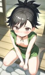 1girls ai_generated bandaged_ankles bandaged_wrists bandages black_hair dororo_(character) dororo_(tezuka) down_blouse flat_chest gi green_clothing japanese_clothes kneeling kosine1777 nipples ponytail small_breasts tomboy traditional_clothes