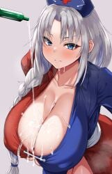 1girls big_breasts blue_eyes boob_window braided_ponytail breasts cleavage clothed_female doctor ebibinbin193 eirin_yagokoro gray_hair hat huge_breasts light-skinned_female pouring_on_breasts silver_hair solo solo_female thighs touhou wet_breasts