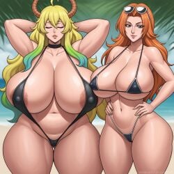 2girls ai_generated ambrose beach bikini bleach blue_eyes choker closed_eyes curvaceous full_lips gigantic_breasts hands_behind_head hands_on_hips huge_breasts long_hair matsumoto_rangiku micro_bikini milf miss_kobayashi's_dragon_maid mole_under_mouth multicolored_hair orange_hair outdoors quetzalcoatl_(dragon_maid) self_upload sling_bikini smiling stable_diffusion sunglasses sunglasses_on_head thick_thighs venus_body voluptuous wide_hips